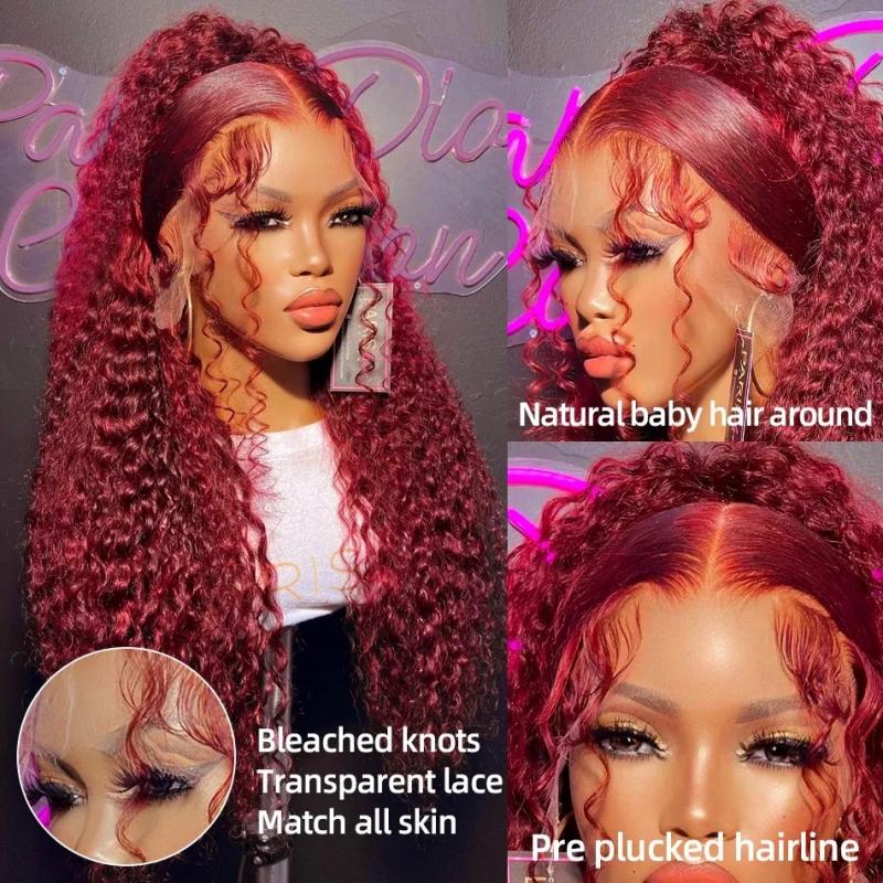 Synthetic Wigs* | 99J Burgandy Deep Wave 13X4 Lace Front Human Hair Wigs Brazilian Remy 180% Red Colored Curly Lace Frontal Glueless Synthetic Wig For Women Synthetic Wigs* Auburn