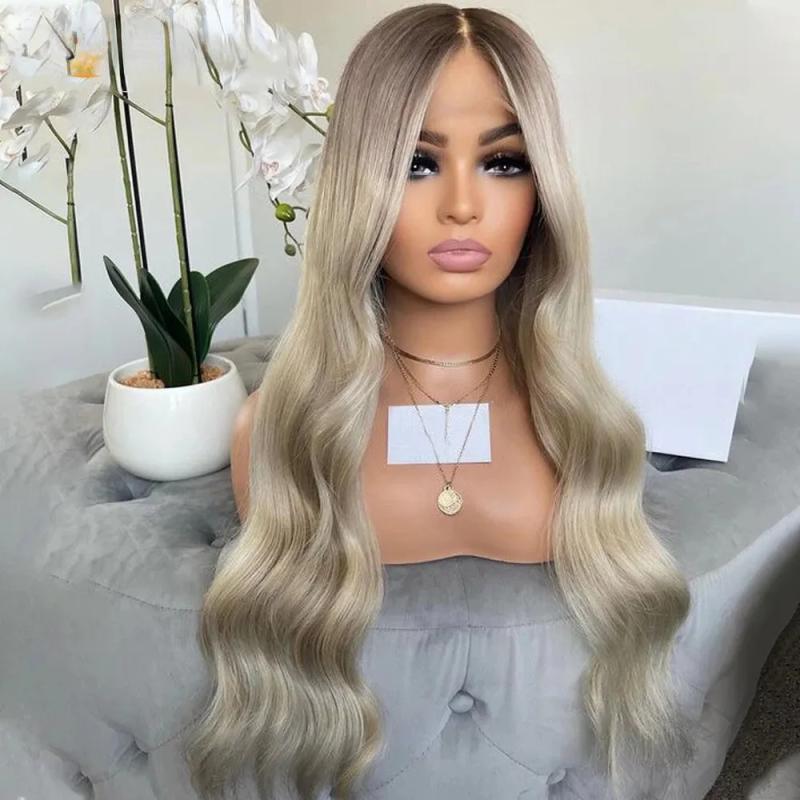 Synthetic Wigs* | Ash Blonde Highlight Lace Front Human Hair Wig Hd Transparent 13X4 Lace Frontal Wig Ombre Grey Blonde Body Wave Synthetic Lace Front Wig Synthetic Wigs* Black Color