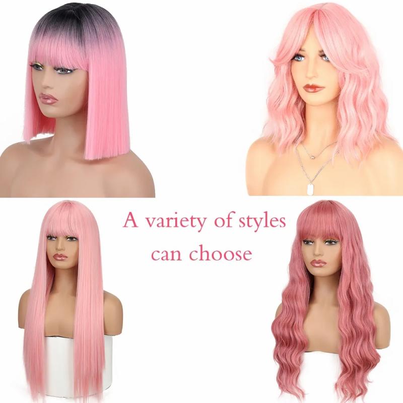 Synthetic Wigs* |  Azqueen Bob Short Straight With Bangs For Women Black Pink Party Daily Use Shoulder Length 230417 Synthetic Wigs* 10-12-30