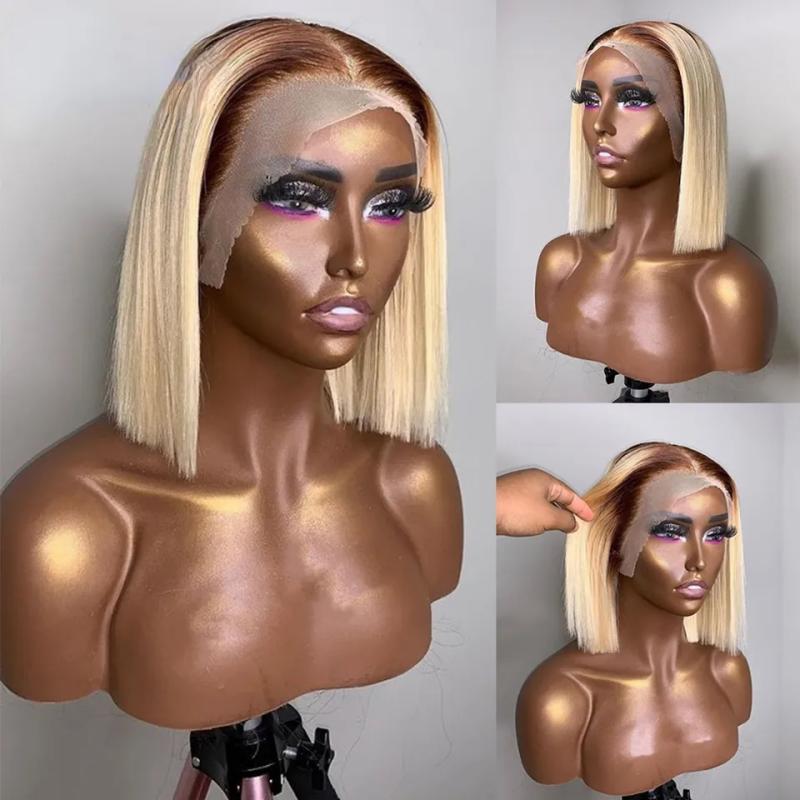 Synthetic Wigs* | Brazilian 13X4 Ombre Blonde Short Bob Pixie Cut Wigs For Women 180 Density Blonde Lace Front Wig Transparent Lace Synthetic Frontal Wig Synthetic Wigs* Auburn