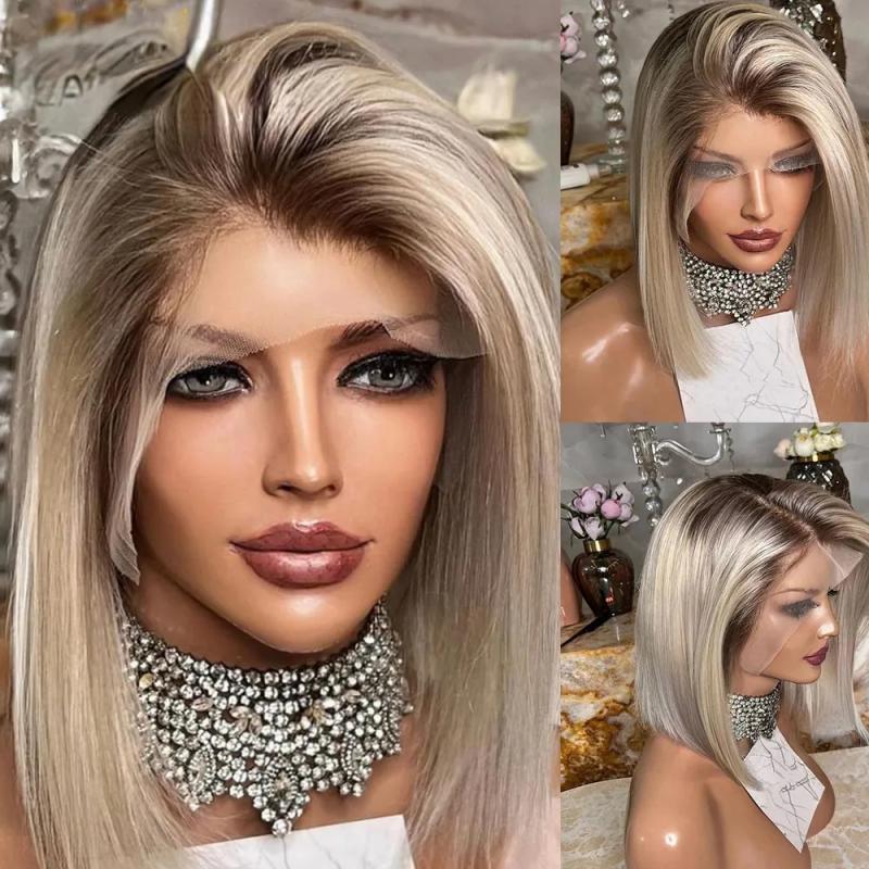 Synthetic Wigs* | Brazilian Blonde Ombre Short Lace Front Wig Ash Grey Synthetic Lace Front Wigs For Women Afro Natural Hair Bob Wig Straight Wig Cosplay Synthetic Wigs* Auburn