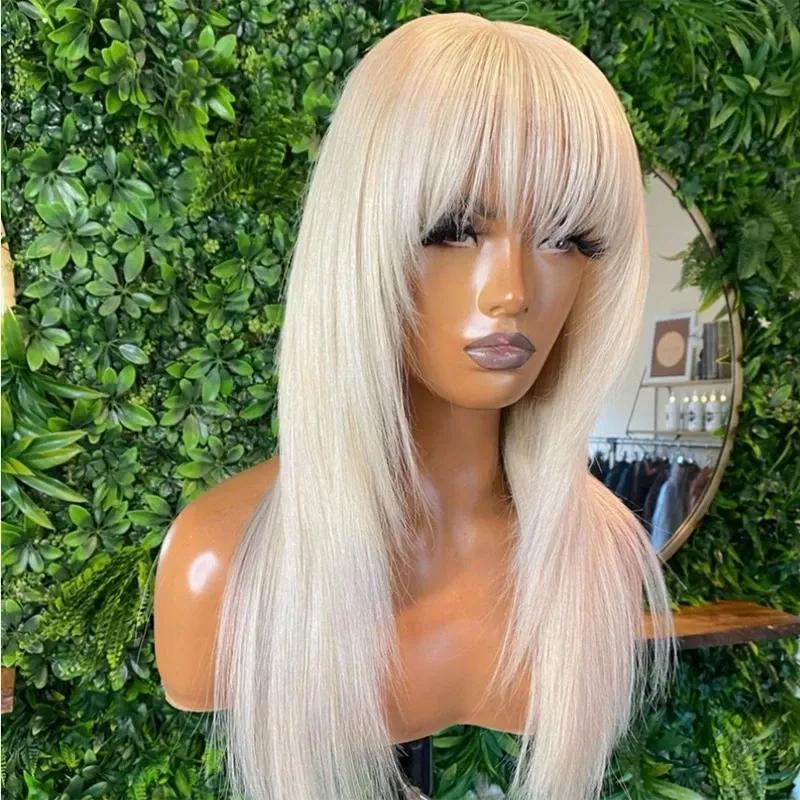 Synthetic Wigs* | Brazilian Hair White Straight Wig With Bangs Fringe Bob Human Hair Wig With Bangs For Women Glueless Full Lace Front With Bangs Synthetic Wigs* Synthetic Wigs*