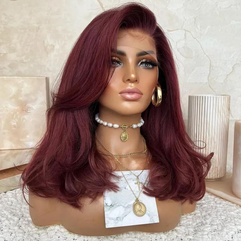 Synthetic Wigs* | Brazilian Short Bob Wavy Lace Front Simulation Human Hair Wigs 360 Full Lace Front Wigs Lace Closure Bob Wigs For Women Synthetic Wigs* Auburn