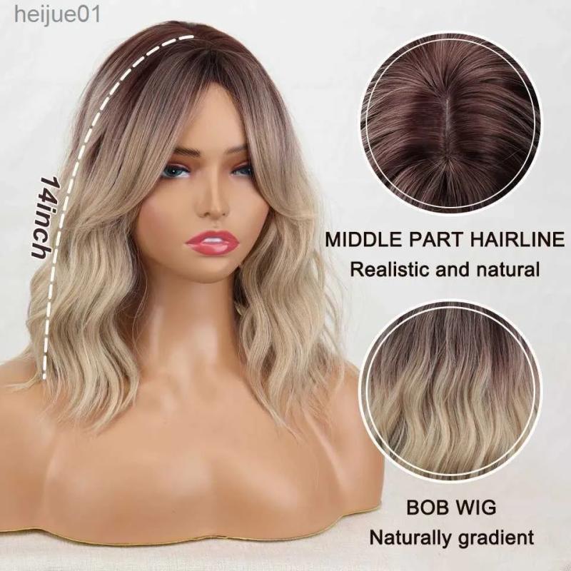 Synthetic Wigs* |  Brown Ombre Blonde Synthetic Bangs Wig Women Ash Blonde Long Natural Wavy Hair Wig Daily Cosplay Use Heat Resistantl231024 Synthetic Wigs* 1b/27hl