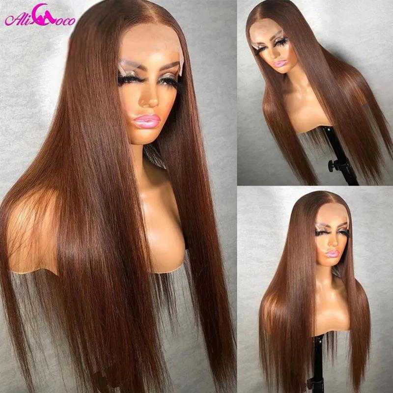 Synthetic Wigs* | Chocolate Brown Straight Lace Front Wigs For Women 13X4 Lace Frontal Synthetic Wig Simulation Human Hair Synthetic Wigs* black