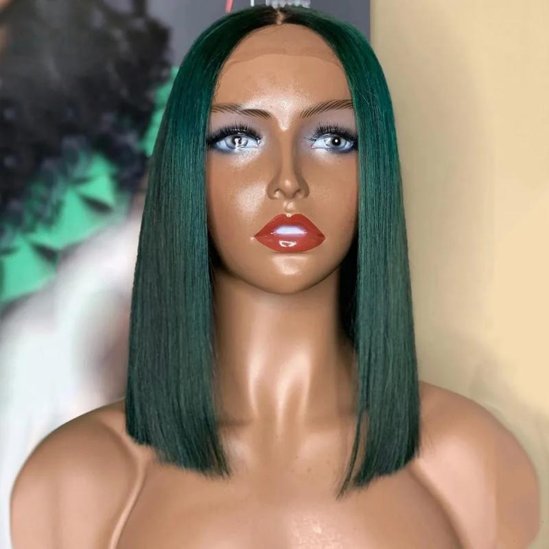 Synthetic Wigs* | Green Bob Lace Front Human Hair Wig Colored 13X4 Lace Frontal Wigs Short Bob Synthetic Wigs Cosplay Drag Queen Pre-Plucked Baby Hair Summer Synthetic Wigs* Auburn