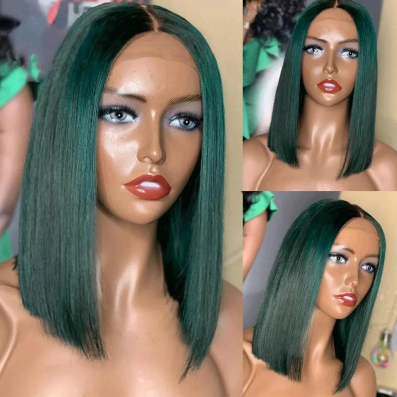 Synthetic Wigs* | Green Bob Lace Front Human Hair Wig Colored 13X4 Lace Frontal Wigs Short Bob Synthetic Wigs Cosplay Drag Queen Pre-Plucked Baby Hair Summer Synthetic Wigs* Auburn