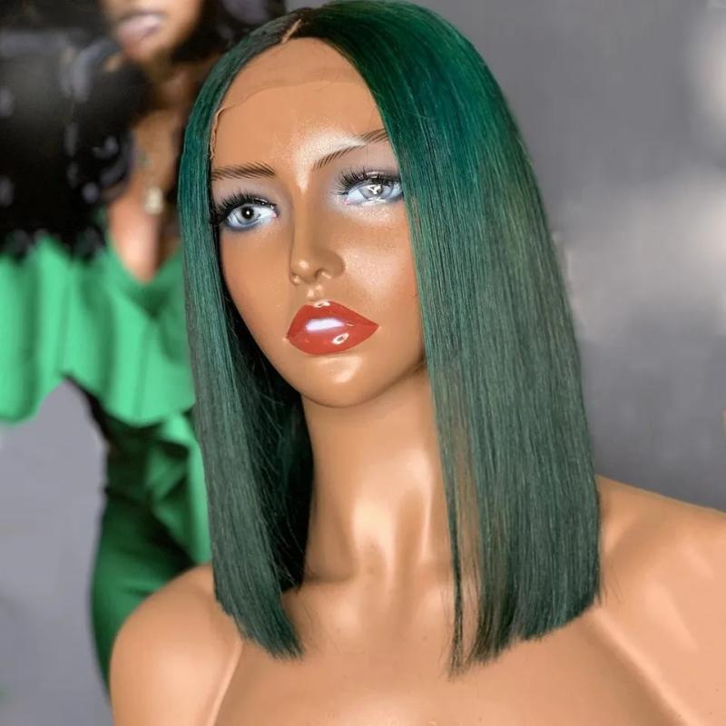 Synthetic Wigs* | Green Bob Lace Front Human Hair Wig Colored 13X4 Lace Frontal Wigs Short Bob Synthetic Wigs Cosplay Drag Queen Pre-Plucked Baby Hair Summer Synthetic Wigs* Auburn