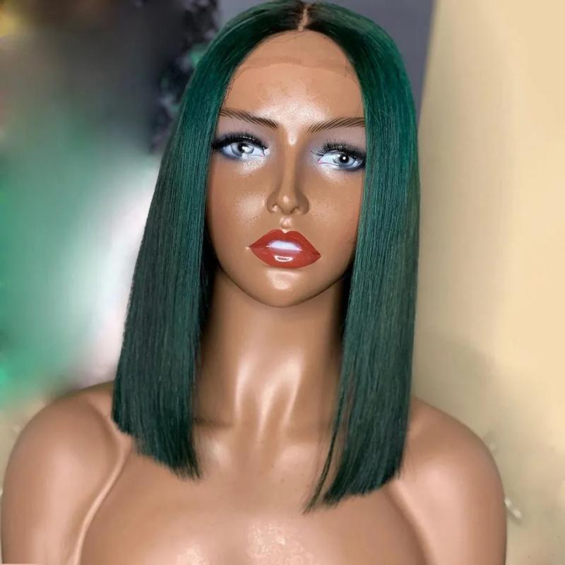 Synthetic Wigs* | Green Bob Lace Front Human Hair Wig Colored 13X4 Lace Frontal Wigs Short Bob Synthetic Wigs Cosplay Drag Queen Pre-Plucked Baby Hair Summer Synthetic Wigs* Auburn