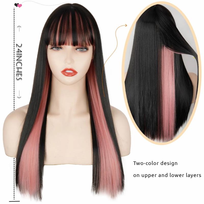 Synthetic Wigs* |  Hair Pink And Black Two Layers Of Long Straight Hair Cosplay Tone Ombre Color Women Lolita 230417 Synthetic Wigs* 4/30hl