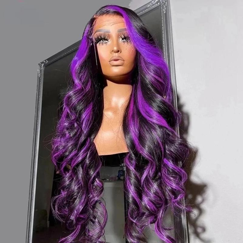 Synthetic Wigs* | Highlight Purple Lace Front Wig Human Hair For Black Women Transparent Lace Body Wave Synthetic Wig Preplucked Free Shipping Synthetic Wigs* black