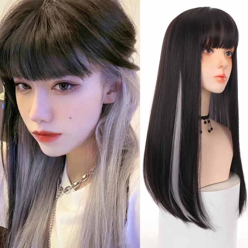 Synthetic Wigs* |  Hoiuyan Female Long Straight Hair Bangs Synthetic Wig Gradient Gray Cosplay Lolita 230417 Synthetic Wigs* #35