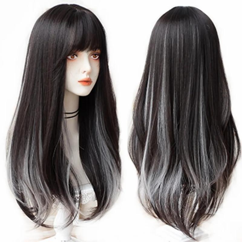 Synthetic Wigs* |  Hoiuyan Female Long Straight Hair Bangs Synthetic Wig Gradient Gray Cosplay Lolita 230417 Synthetic Wigs* #35