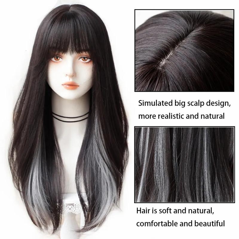 Synthetic Wigs* |  Hoiuyan Female Long Straight Hair Bangs Synthetic Wig Gradient Gray Cosplay Lolita 230417 Synthetic Wigs* #35