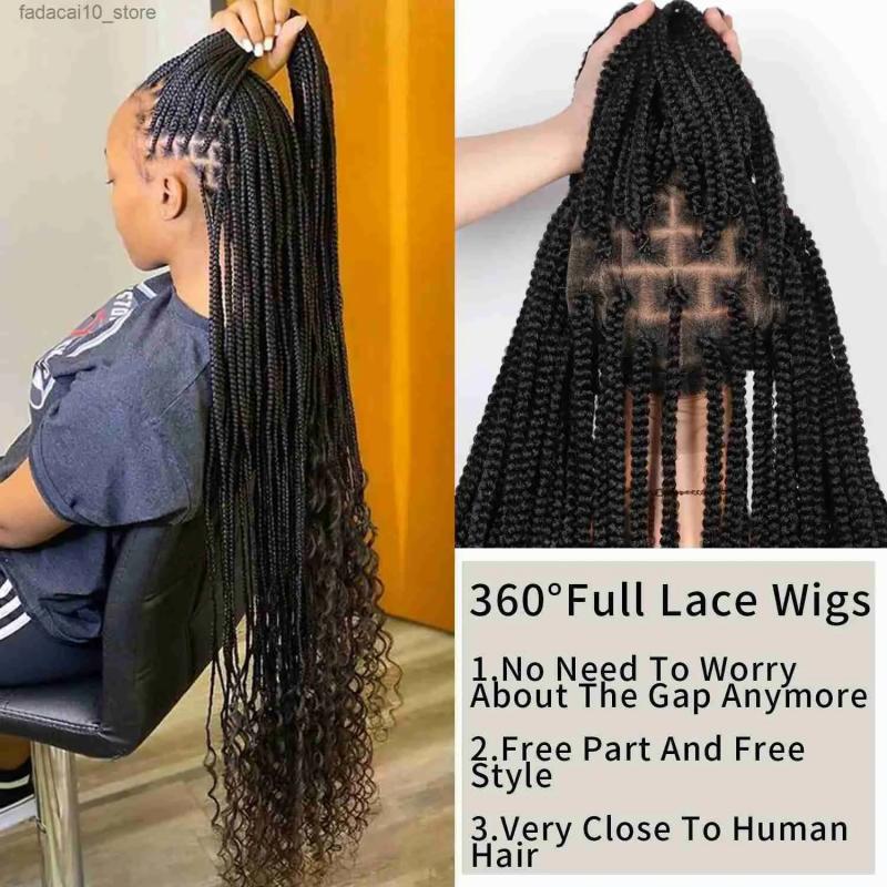 Synthetic Wigs* |  Kalyss 36 Full Double Lace Braided Wigs With Boho Curly Ends Knotless Cornrow Box Braided Wig With Baby Hair Q240115 Synthetic Wigs* 1b 30