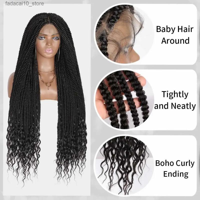 Synthetic Wigs* |  Kalyss 36 Full Double Lace Braided Wigs With Boho Curly Ends Knotless Cornrow Box Braided Wig With Baby Hair Q240115 Synthetic Wigs* 1b 30