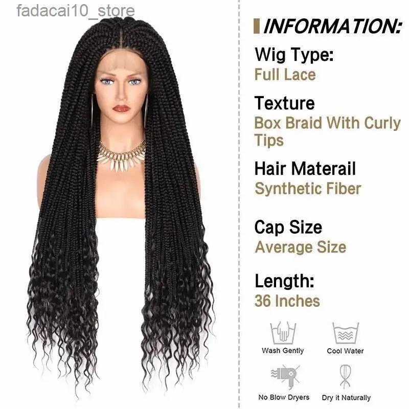 Synthetic Wigs* |  Kalyss 36 Full Double Lace Braided Wigs With Boho Curly Ends Knotless Cornrow Box Braided Wig With Baby Hair Q240115 Synthetic Wigs* 1b 30