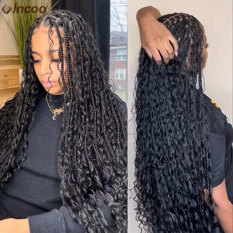 Synthetic Wigs* | Long 32 Boho Braided Full Lace Front Wigs 613 Blonde Curly Goddess Locs Pre Plucked With Baby Hair Synthetic Box Braids Wig 240130 Synthetic Wigs* 1B