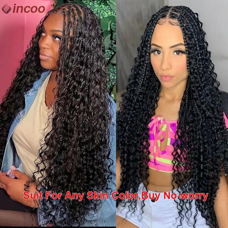 Synthetic Wigs* | Long 32 Boho Braided Full Lace Front Wigs 613 Blonde Curly Goddess Locs Pre Plucked With Baby Hair Synthetic Box Braids Wig 240130 Synthetic Wigs* 1B