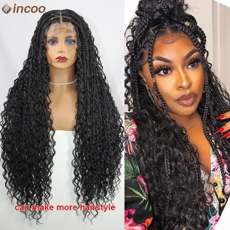 Synthetic Wigs* | Long 32 Boho Braided Full Lace Front Wigs 613 Blonde Curly Goddess Locs Pre Plucked With Baby Hair Synthetic Box Braids Wig 240130 Synthetic Wigs* 1B