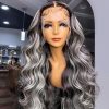 Synthetic Wigs* | Long Brazilian Hair Body Wave Purple Wig Transparent Lace Front Wig Green/Grey/Pink Highlight Wigs For Women Synthetic Heat Resistant Synthetic Wigs* black