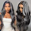 Synthetic Wigs* | Long Brazilian Hair Body Wave Purple Wig Transparent Lace Front Wig Green/Grey/Pink Highlight Wigs For Women Synthetic Heat Resistant Synthetic Wigs* black