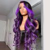 Synthetic Wigs* | Long Brazilian Hair Body Wave Purple Wig Transparent Lace Front Wig Green/Grey/Pink Highlight Wigs For Women Synthetic Heat Resistant Synthetic Wigs* black