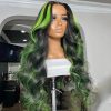 Synthetic Wigs* | Long Brazilian Hair Body Wave Purple Wig Transparent Lace Front Wig Green/Grey/Pink Highlight Wigs For Women Synthetic Heat Resistant Synthetic Wigs* black