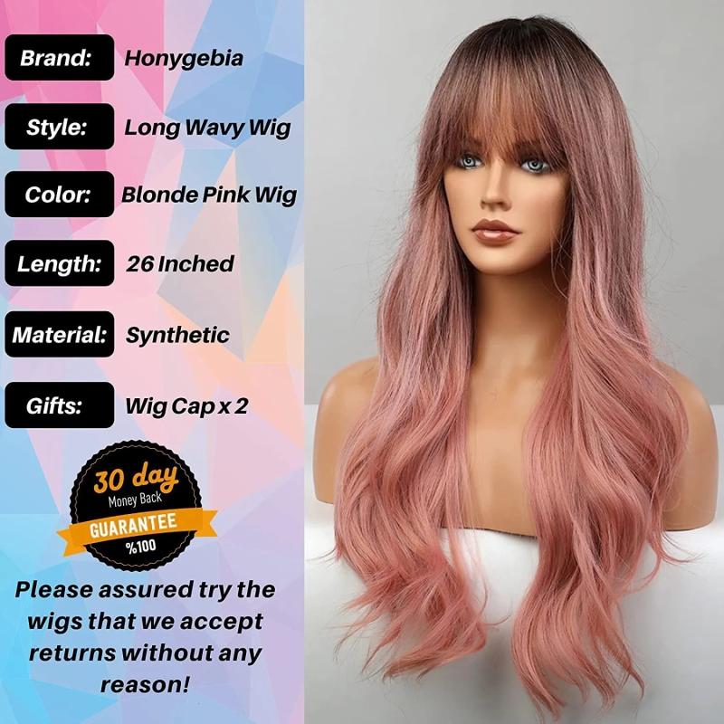 Synthetic Wigs* |  Long Ombre Pink With Bangs Heat Resistant Wavy For Women Natural Hair For Cosplay Daily Party 26 Inch 230417 Synthetic Wigs* ash brown