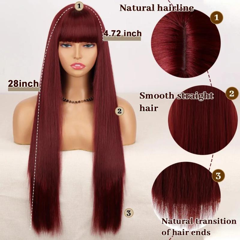 Synthetic Wigs* |  Long Straight Wine Red Wig With Bang Synthetic Wigs For Women Heat Resistant Natural Hair For Daily Halloween Cosplay Party 231011 Synthetic Wigs* #17