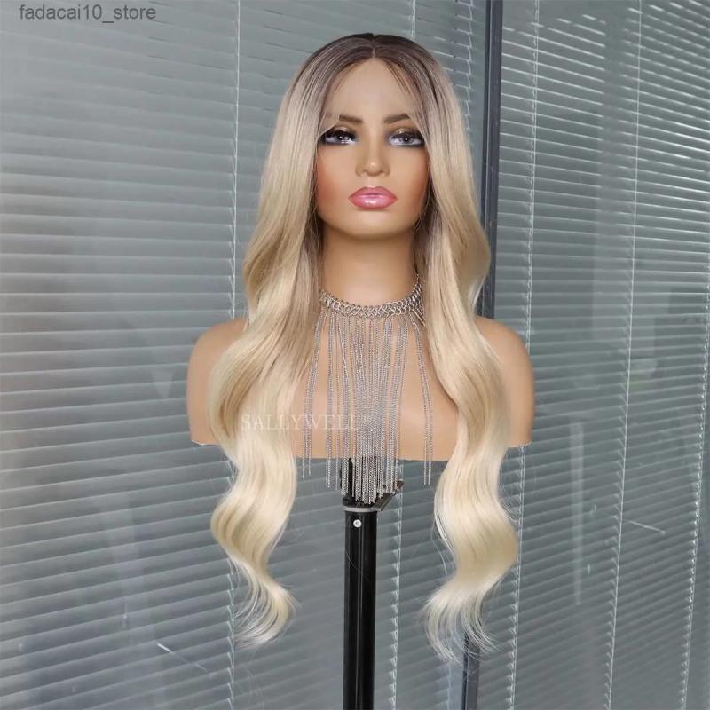 Synthetic Wigs* |  Loose Wave Ombre Blonde Wigs 13X4 Lace Front Wigs With Dark Roots 3 Tones Hair Wig Natural Looking Heat Resistant Synthetic Wig Q240115 Synthetic Wigs* ash brown