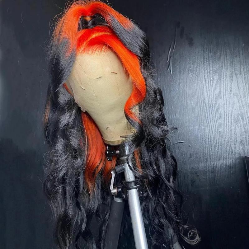 Synthetic Wigs* | Ombre Ginger Orange Colored Lace Front Human Hair Wigs For Women Transparent Lace Body Wave Synthetic Wig Pre Plucked 180% Synthetic Wigs* black