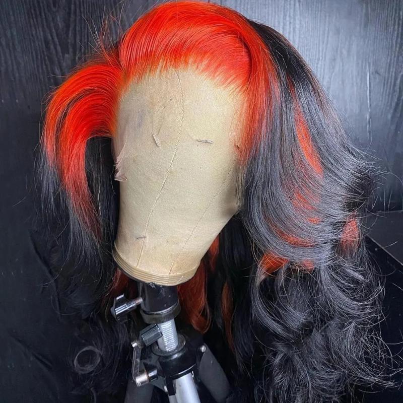 Synthetic Wigs* | Ombre Ginger Orange Colored Lace Front Human Hair Wigs For Women Transparent Lace Body Wave Synthetic Wig Pre Plucked 180% Synthetic Wigs* black