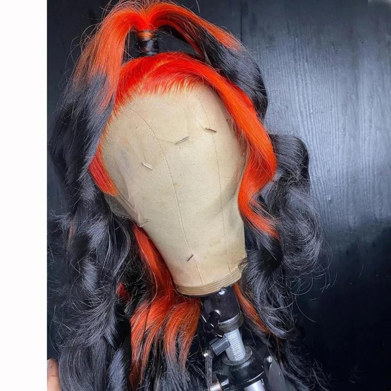 Synthetic Wigs* | Ombre Ginger Orange Colored Lace Front Human Hair Wigs For Women Transparent Lace Body Wave Synthetic Wig Pre Plucked 180% Synthetic Wigs* black