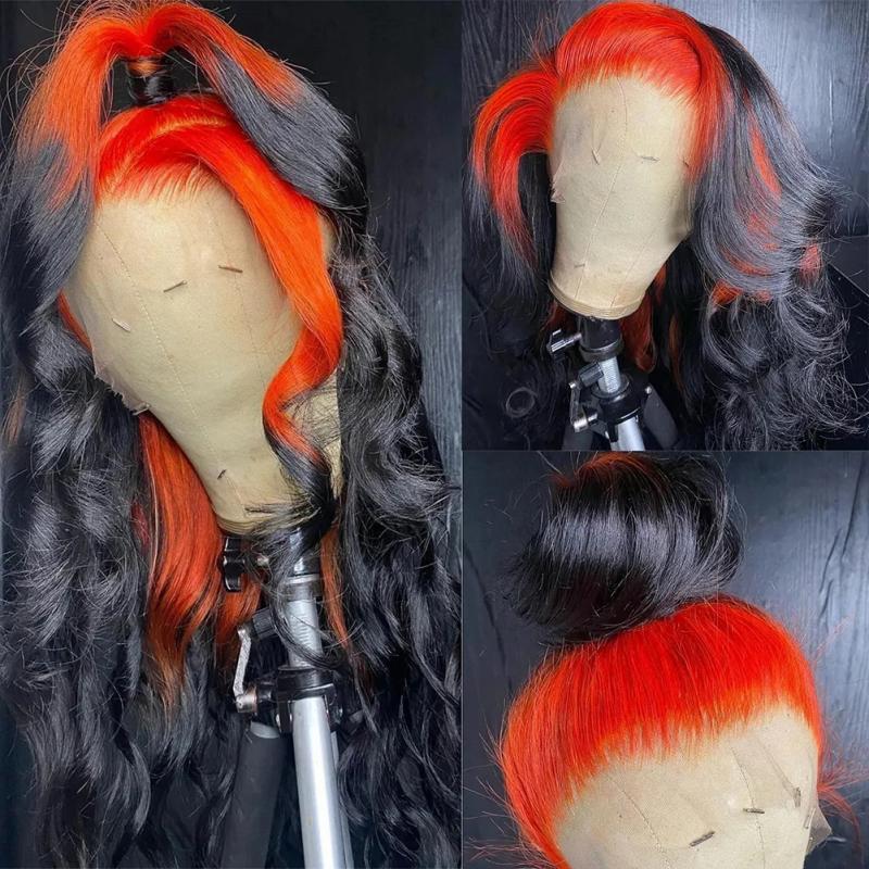 Synthetic Wigs* | Ombre Ginger Orange Colored Lace Front Human Hair Wigs For Women Transparent Lace Body Wave Synthetic Wig Pre Plucked 180% Synthetic Wigs* black