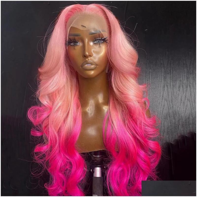 Synthetic Wigs* |  Perruque Pink Fl Lace Front Transparent Hd Body Wave Wig Natural Hairline Simation Human Hair For Women Drop Delivery Dhrtu Synthetic Wigs* Auburn