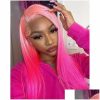 Synthetic Wigs* |  Perruque Pink Fl Lace Front Transparent Hd Body Wave Wig Natural Hairline Simation Human Hair For Women Drop Delivery Dhrtu Synthetic Wigs* Auburn