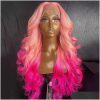 Synthetic Wigs* |  Perruque Pink Fl Lace Front Transparent Hd Body Wave Wig Natural Hairline Simation Human Hair For Women Drop Delivery Dhrtu Synthetic Wigs* Auburn