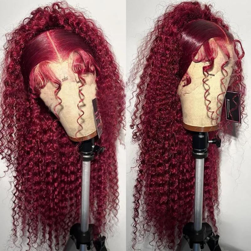 Synthetic Wigs* | Red Burgundy Colored Brazilian Curly Front Human Hair Wigs Colored Deep Wave Lace Frontal Wig 13X4 Hd Lace Front Wigs For Women Synthetic Wigs* Auburn