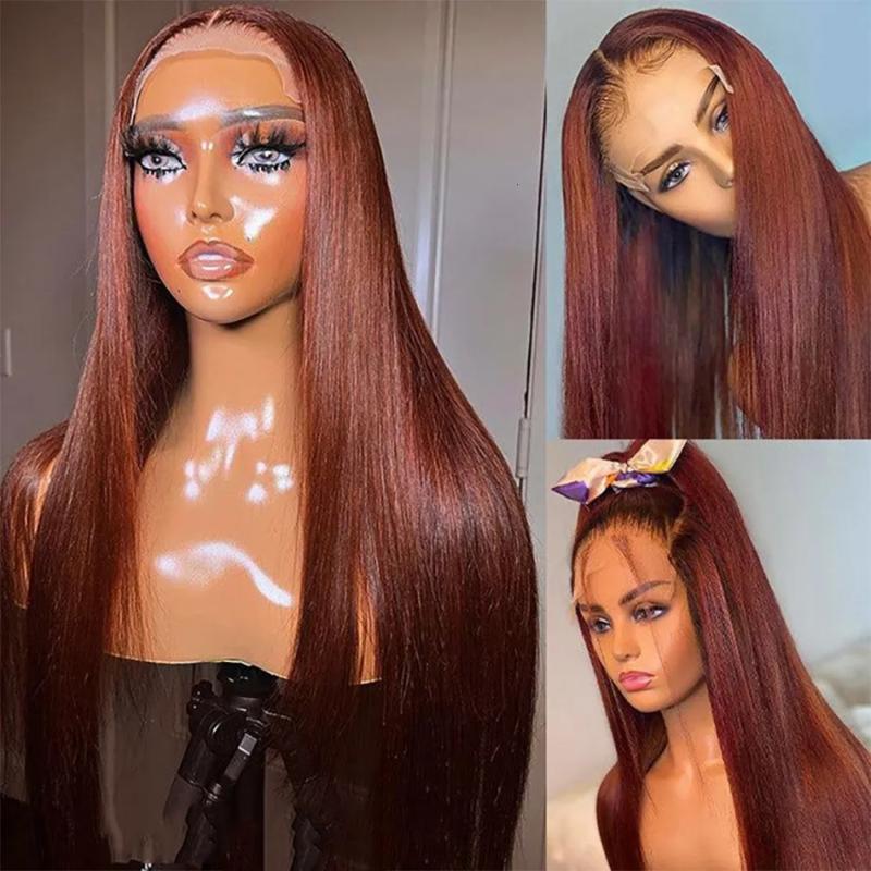 Synthetic Wigs* |  Reddish Brown Straight Lace Front Wigs Human Hair Pre Plucked 13X4 Lace Frontal Wig Dark Red Brown 4X4 Closure Human Hair Wig 230901 Synthetic Wigs* Synthetic Wigs*