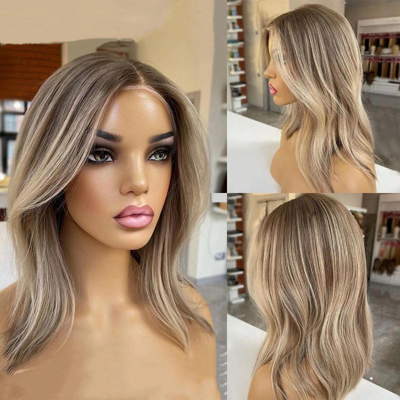 Synthetic Wigs* | Short Bob Human Hair Wigs For Women Brown Blonde Highlight Wigs With Black Root 360 Full Lace Front Wigs Synthetic Synthetic Wigs* Auburn