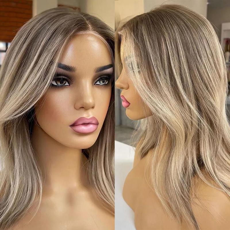 Synthetic Wigs* | Short Bob Human Hair Wigs For Women Brown Blonde Highlight Wigs With Black Root 360 Full Lace Front Wigs Synthetic Synthetic Wigs* Auburn