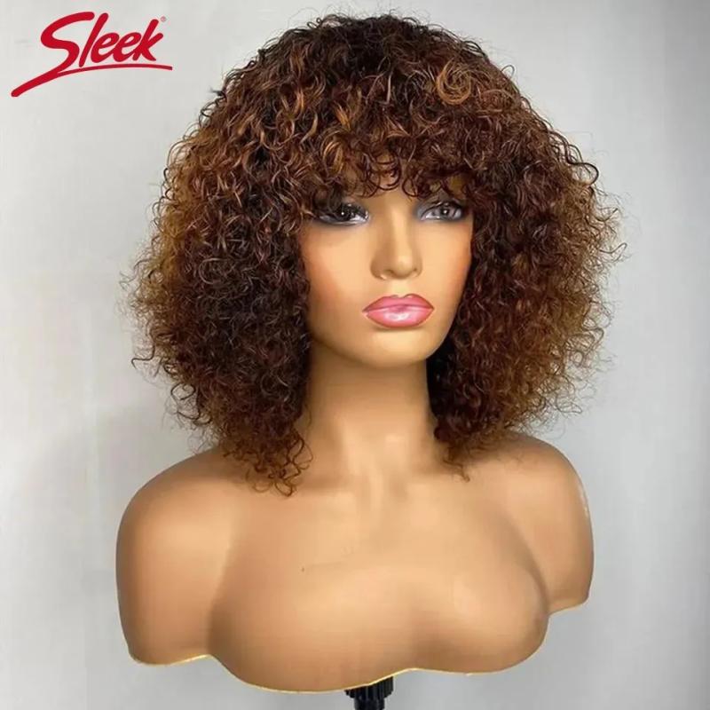 Synthetic Wigs* |  Short Pixie Bob Cut Human Hair With Bangs Jerry Curly Non Lace Front Wig Highlight Honey Blonde Colored For Women 231027 Synthetic Wigs* 1B