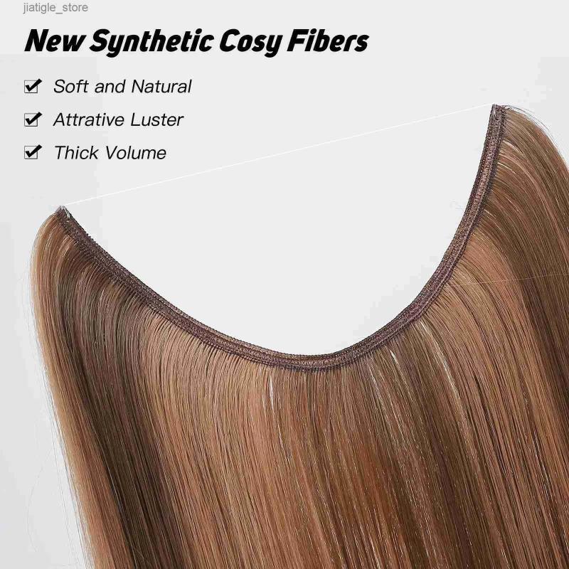 Synthetic Wigs* |  Synthetic Hair Extention Invisible Wire Hair S With Transparent Wire Long Straight Brown Balayage Hairpieces For Women Y240401 Synthetic Wigs* Auburn