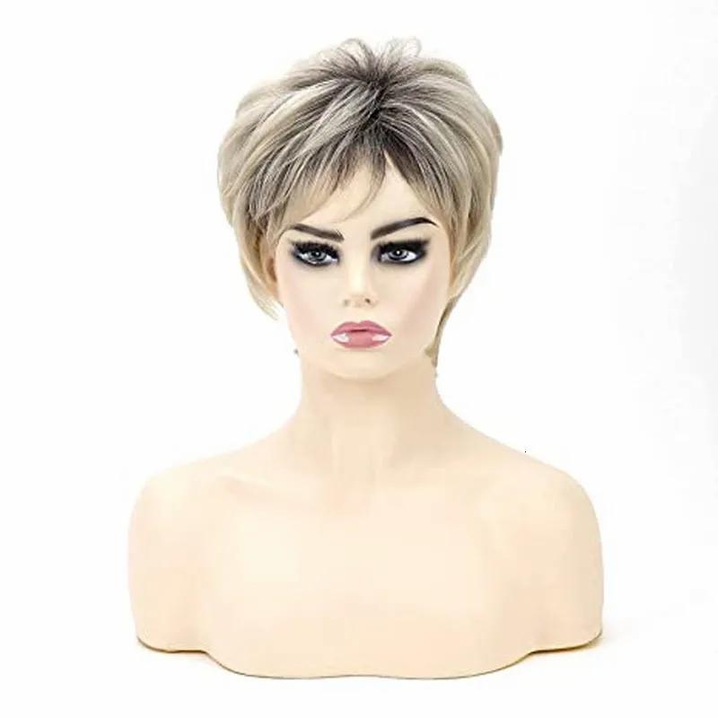 Synthetic Wigs* |  Whimsical W Short Straight Ombre Blonde With Bang For Women Natural Hair Dark Roots Heat Resistant 230417 Synthetic Wigs* brown blonde