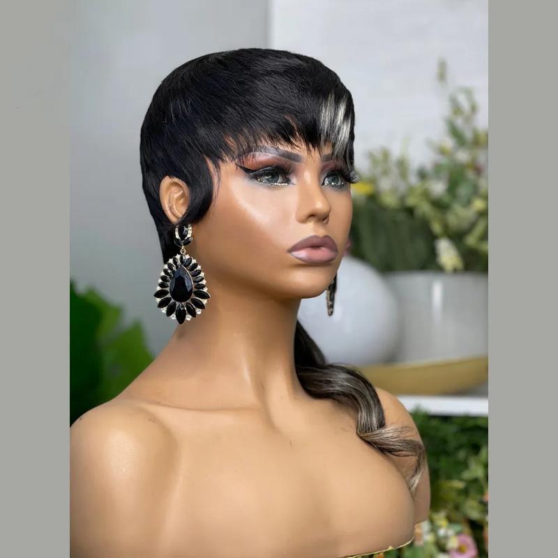 Hair Wigs | 180Density Full Brazilian Hair Short Pixie Cut Wigs Highlight Blonde Wig With Bangs Body Wave Glueless Ombre Human Hair Wigs For Women Hair Wigs Hair Wigs