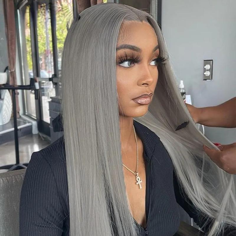 Hair Wigs | Brazilian Human Hair Grey Colored Lace Front Wigs For Women Hd Transparent Lace Gray Frontal Wig Pre Plucked Bone Straight Wig Synthetic Mixed Preplucked Hair Wigs 613 Blonde Color