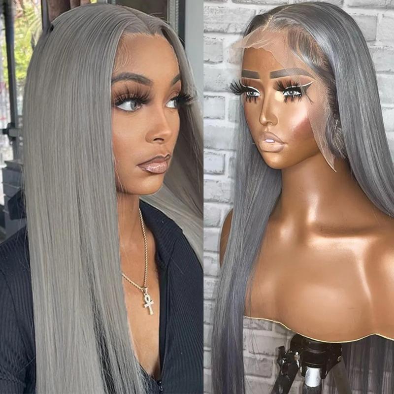 Hair Wigs | Brazilian Human Hair Grey Colored Lace Front Wigs For Women Hd Transparent Lace Gray Frontal Wig Pre Plucked Bone Straight Wig Synthetic Mixed Preplucked Hair Wigs 613 Blonde Color