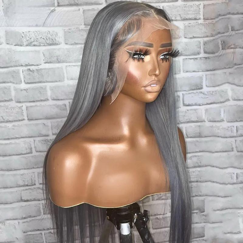 Hair Wigs | Brazilian Human Hair Grey Colored Lace Front Wigs For Women Hd Transparent Lace Gray Frontal Wig Pre Plucked Bone Straight Wig Synthetic Mixed Preplucked Hair Wigs 613 Blonde Color