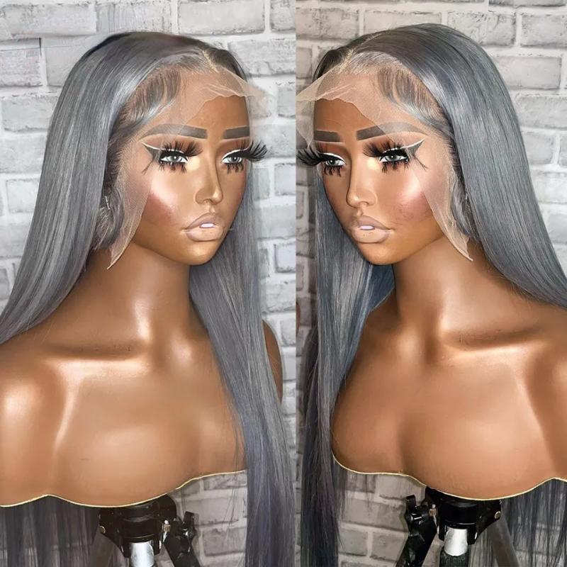 Hair Wigs | Brazilian Human Hair Grey Colored Lace Front Wigs For Women Hd Transparent Lace Gray Frontal Wig Pre Plucked Bone Straight Wig Synthetic Mixed Preplucked Hair Wigs 613 Blonde Color